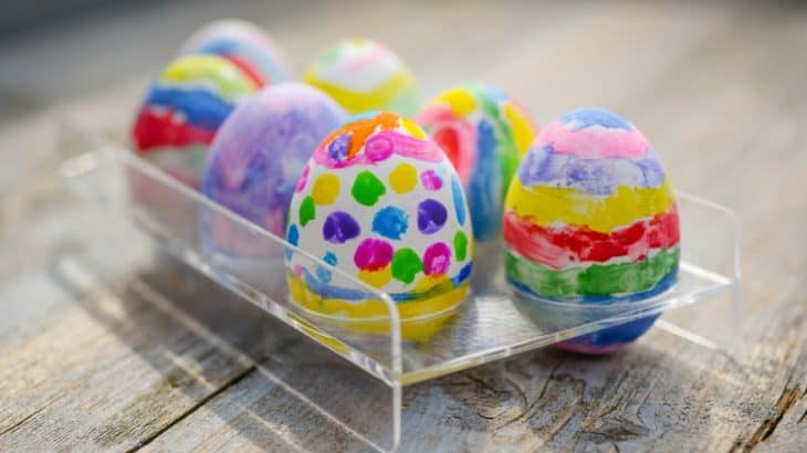 colorful Easter eggs in a rack