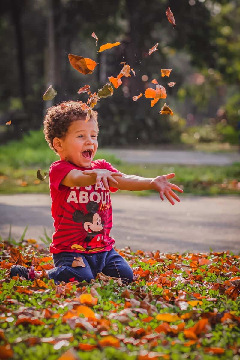 child playing in the leaves