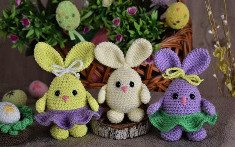three plush Easter bunnies