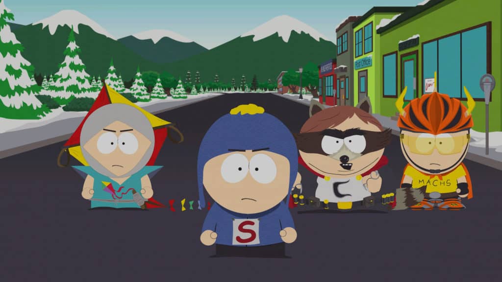 characters from the southpark game standing on the street