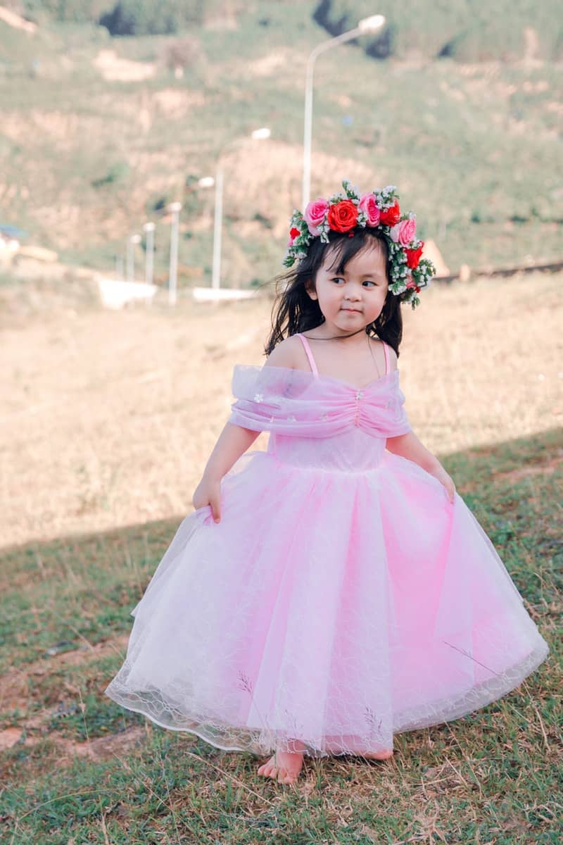 little girl dressed as a princess in a pink dress
