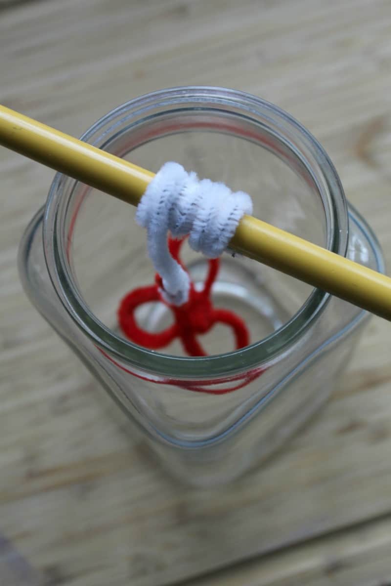 pipe cleaners hanging in a jar of Borax