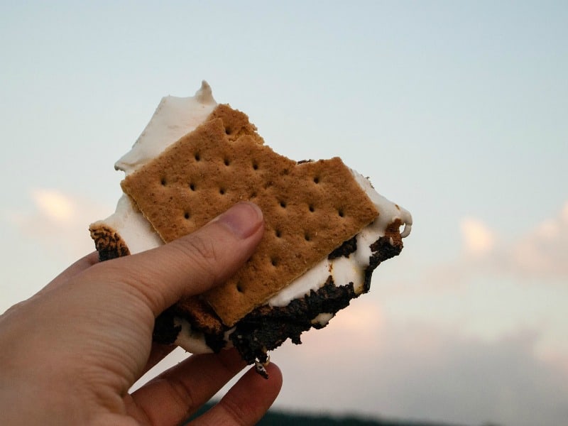 a person holding a smores in the air