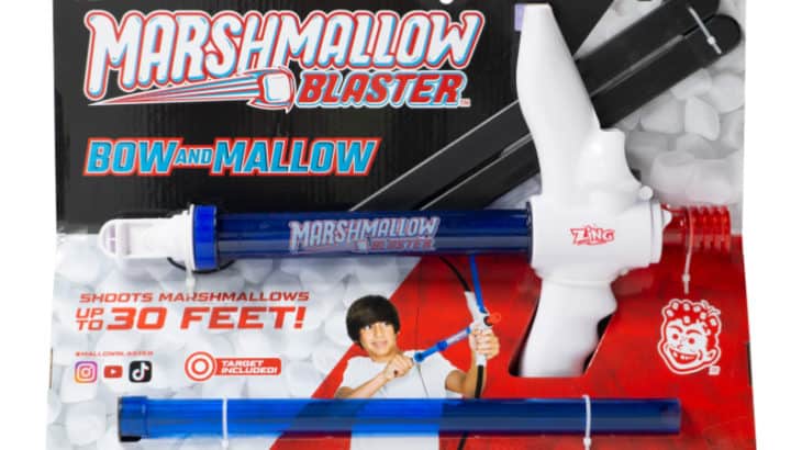 Looking for a marshmallow blaster? Check out this mini Marshmallow Blaster Bow and Mallow to shoot marshmallows up to 30 feet!
