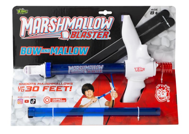 Looking for a marshmallow blaster? Check out this mini Marshmallow Blaster Bow and Mallow to shoot marshmallows up to 30 feet!