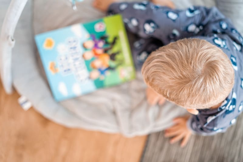 a toddler reading a book
