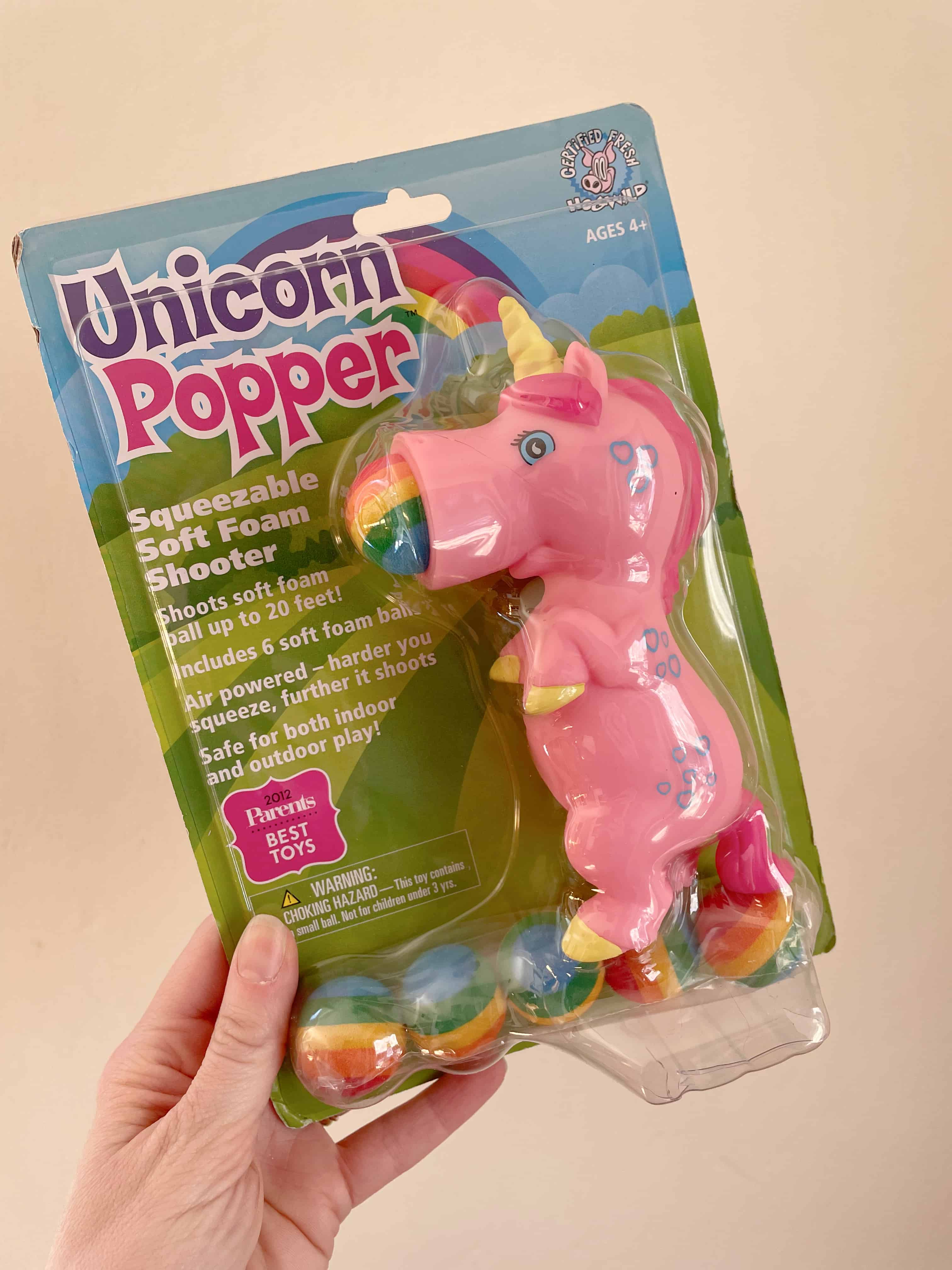 a pink unicorn foam shooter toy