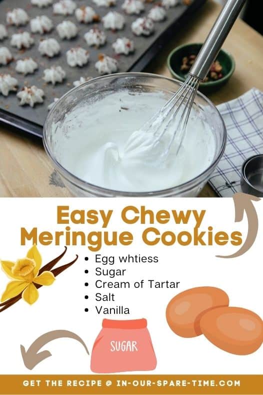 This chewy meringue cookies recipe is not only easy to make, but it's also healthy and delicious. It takes less than 10 minutes to prepare these tasty treats. The kids will love helping out in the kitchen with this one!