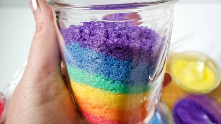 Rainbow bath salts are a fun way to make layered Epsom salts to use in the tub. Let your child relax in the tub with these DIY bath salts.
