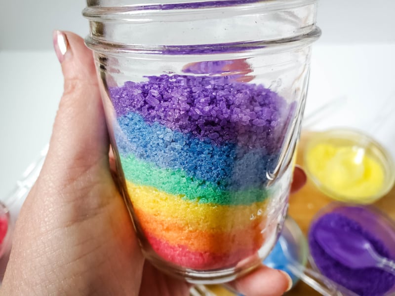 Rainbow bath salts are a fun way to make layered Epsom salts to use in the tub. Let your child relax in the tub with these DIY bath salts.
