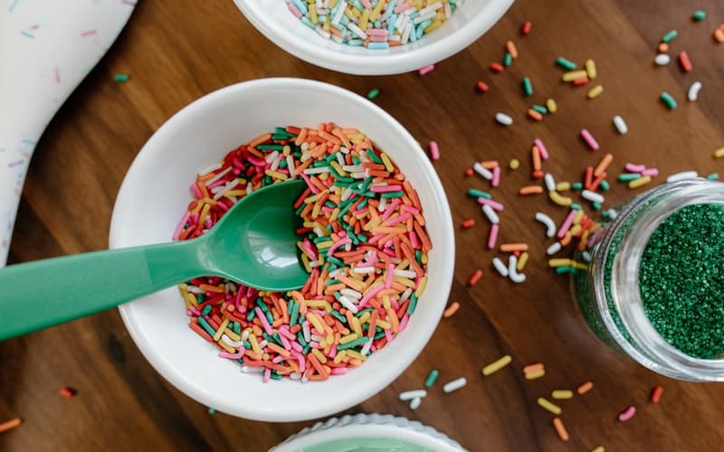 cookie decorating supplies in bowls