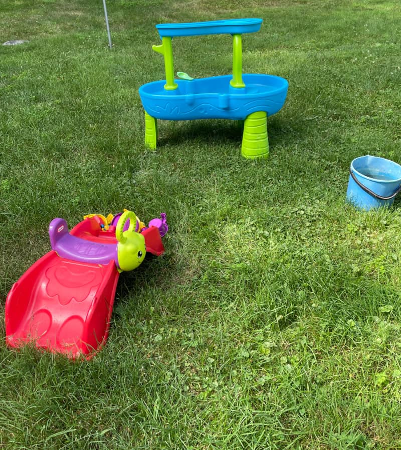 toys drying in the sunny yard