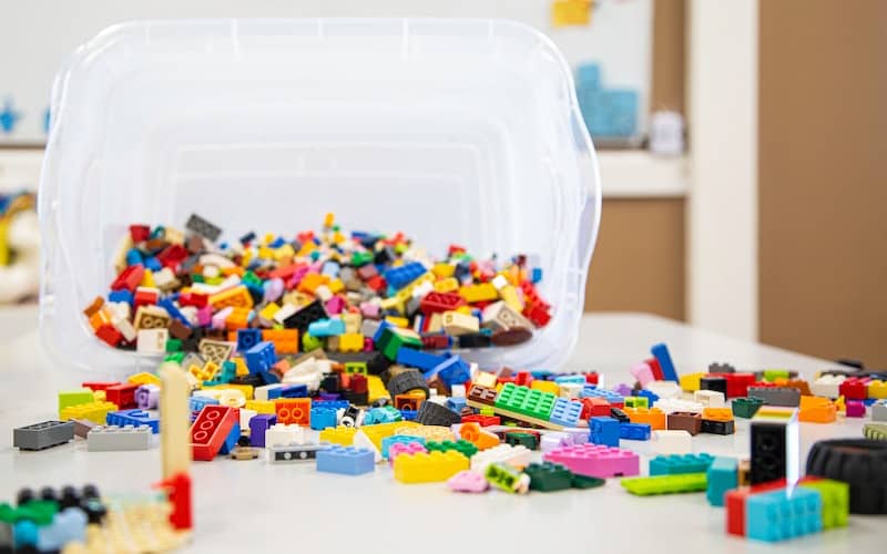 a bin of Legos tipped over