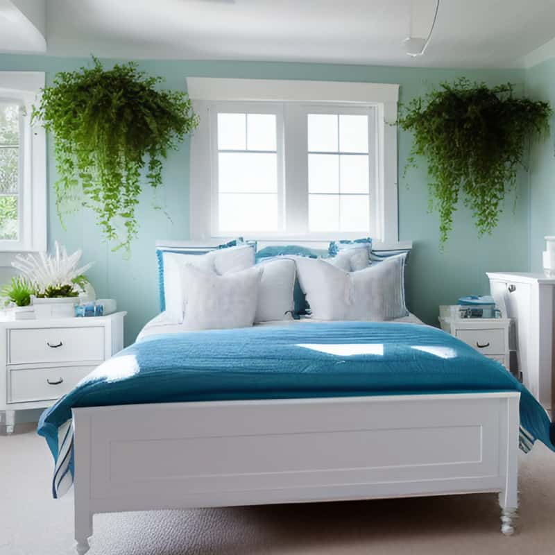 a bedroom decorated with plants in a beach theme