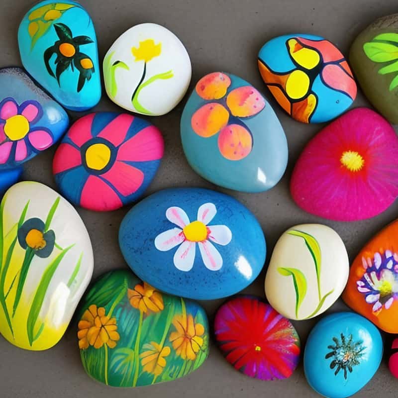 a collection of rocks painted with flowers