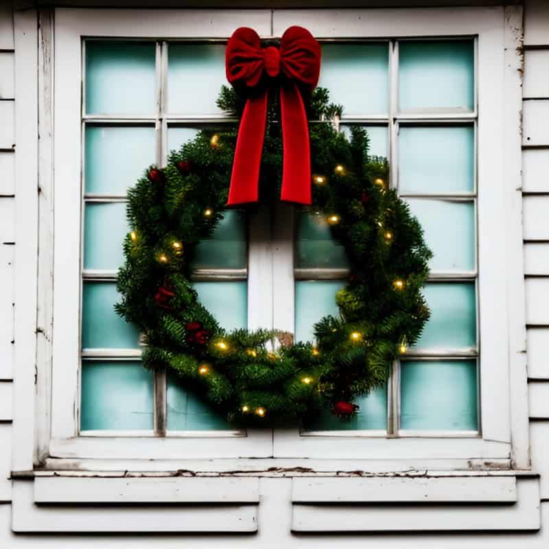 a holiday wreath with a red bow on a white window
