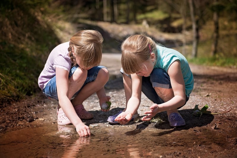 children playing in a puddle