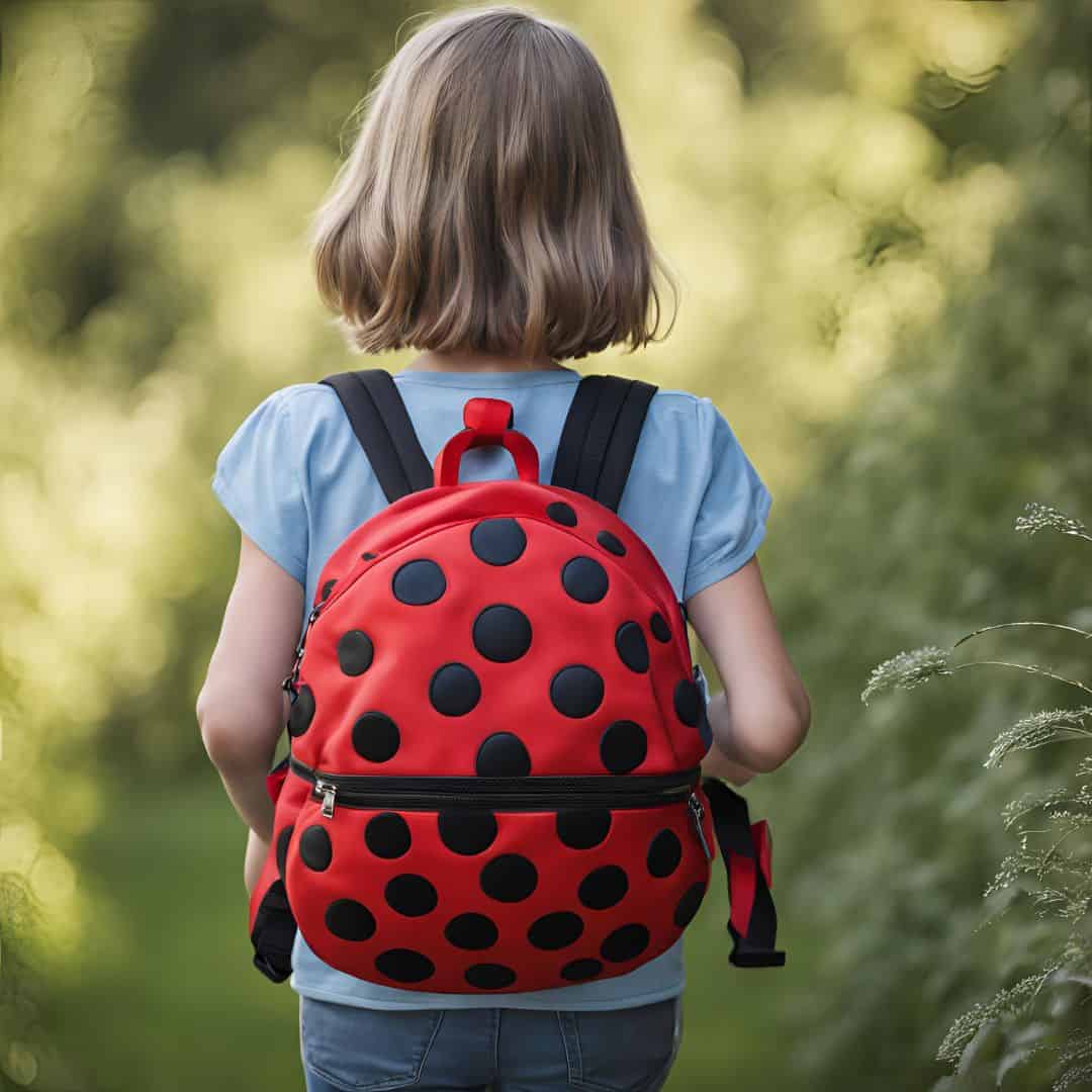 little girl wearing a ladybug backpack