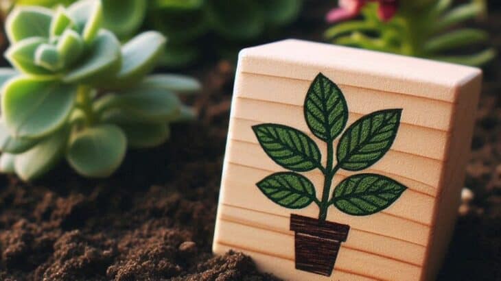 plant markers made from old wooden blocks