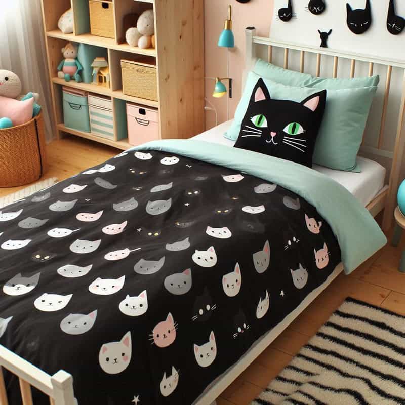 bed with cat themed Halloween bedspread