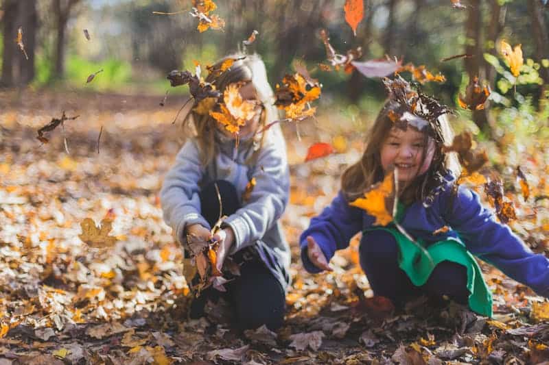 child playing in the leaves