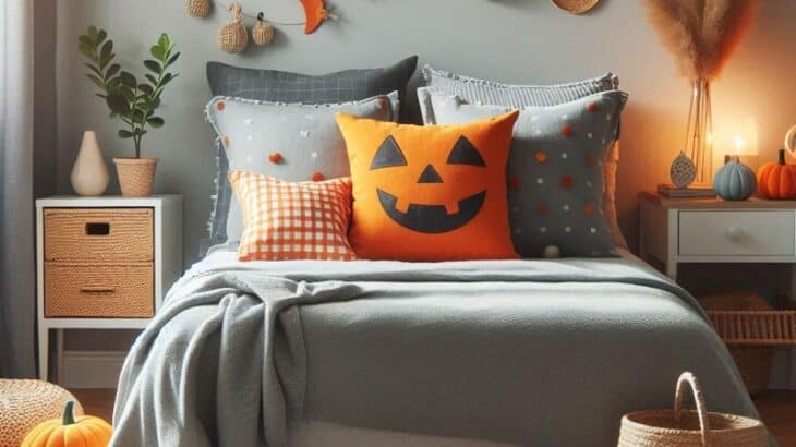 grey bed with fun Halloween pillows