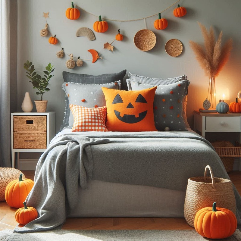 grey bed with fun Halloween pillows