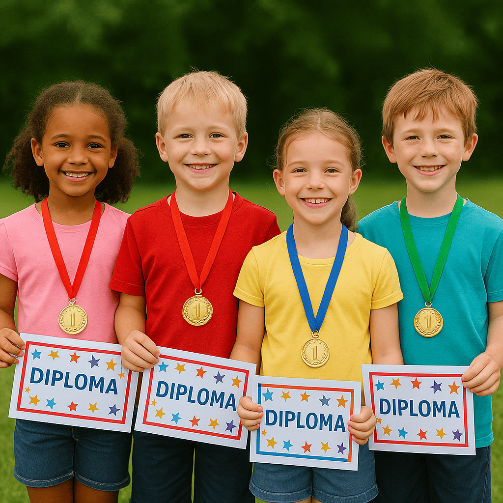 End your Family Olympics with a fun closing ceremony. Use dollar store medals, ribbons, or even printed “diplomas” for silly awards 