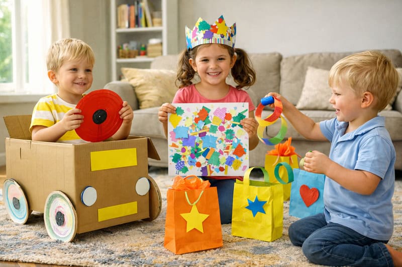 Empty boxes can become cars, houses, or robots. Wrapping paper scraps can turn into collages, crowns, or paper chains. Gift bags can be used for a homemade ring toss or a pretend mail game.