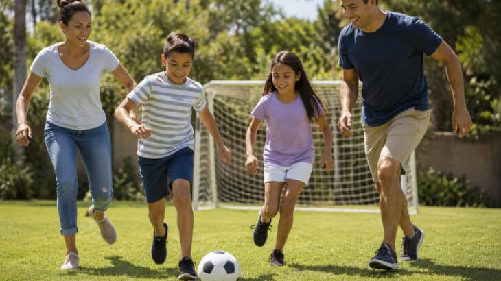 family playing soccer together