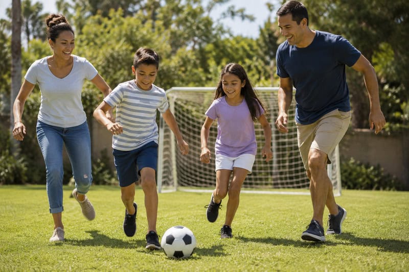 family playing soccer together