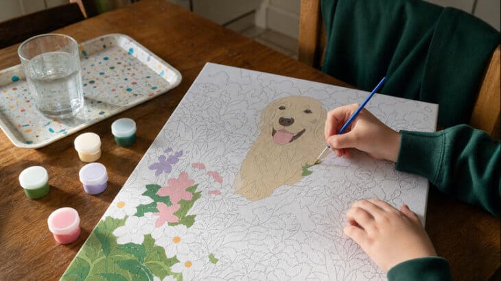 child's hands filling a paint by number