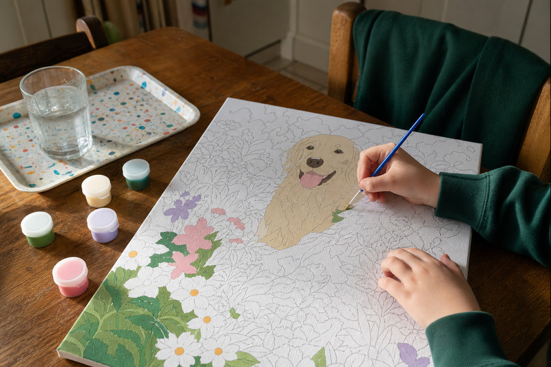 child's hands filling a paint by number