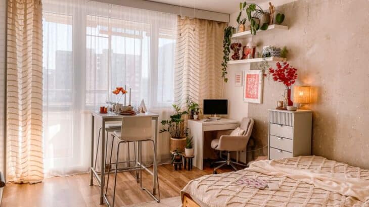cozy dorm room with large window