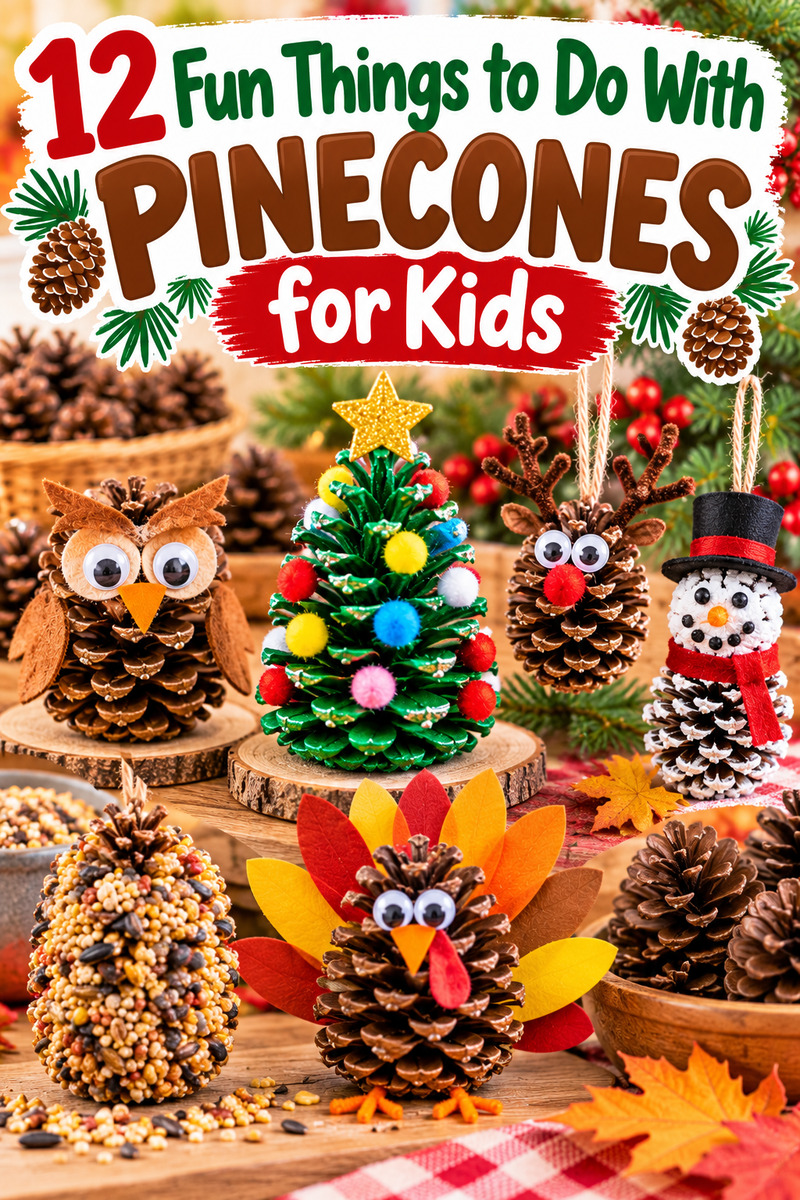 Looking for fun things to do with pinecones for kids? 🌲 Discover 12 easy pinecone crafts and activities for preschoolers and young kids! From cute Christmas ornaments and mini pinecone trees to bird feeders, woodland animals, and counting games, these budget-friendly ideas are perfect for fall afternoons, holiday crafting, and nature-inspired fun. Save these simple kids' activities for your next family craft day!

#PineconeCrafts #KidsCrafts #PreschoolActivities #FallCrafts #ChristmasCrafts