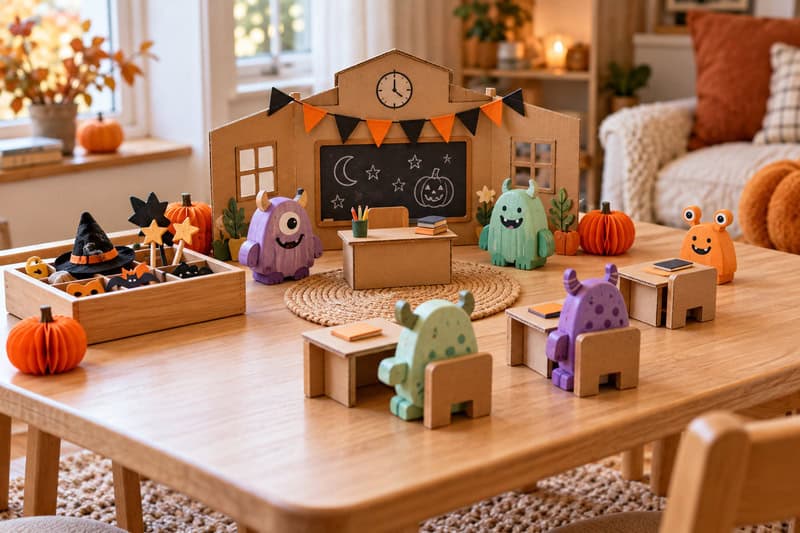 Halloween pretend play station with friendly monster figures, a miniature classroom, and orange and black decorations.