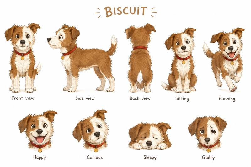 A character reference sheet for a cartoon terrier named Biscuit, showing front, side and back views, sitting and running poses, and four expressions from happy to guilty