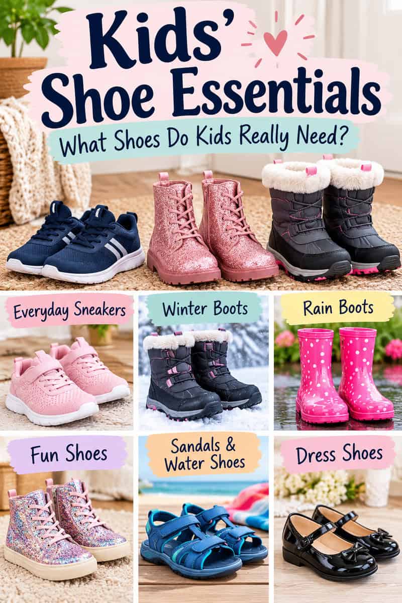 Wondering what shoes kids really need? 👟 From everyday sneakers and winter boots to rain boots, sandals, fun shoes, and dress shoes, this guide covers the kids' shoe essentials that make sense for school, play, changing seasons, and special occasions. Plus, find practical tips for choosing comfortable kids' shoes without filling the closet with pairs they won't wear. Save this kids' footwear guide for your next shoe-shopping trip!