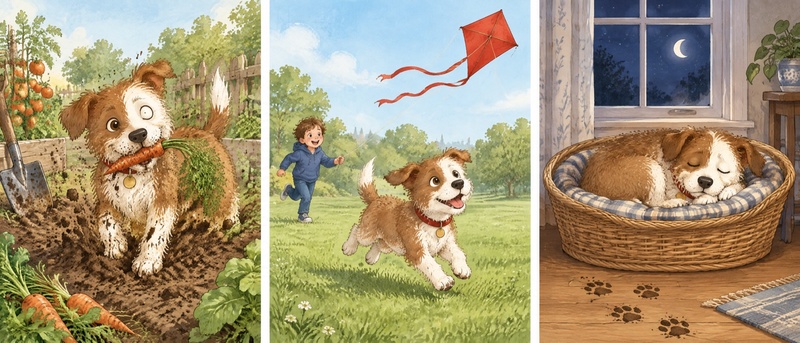 Three picture book pages starring the same cartoon terrier: digging up carrots in the garden, chasing a red kite across the park, and asleep in his basket beside muddy paw prints